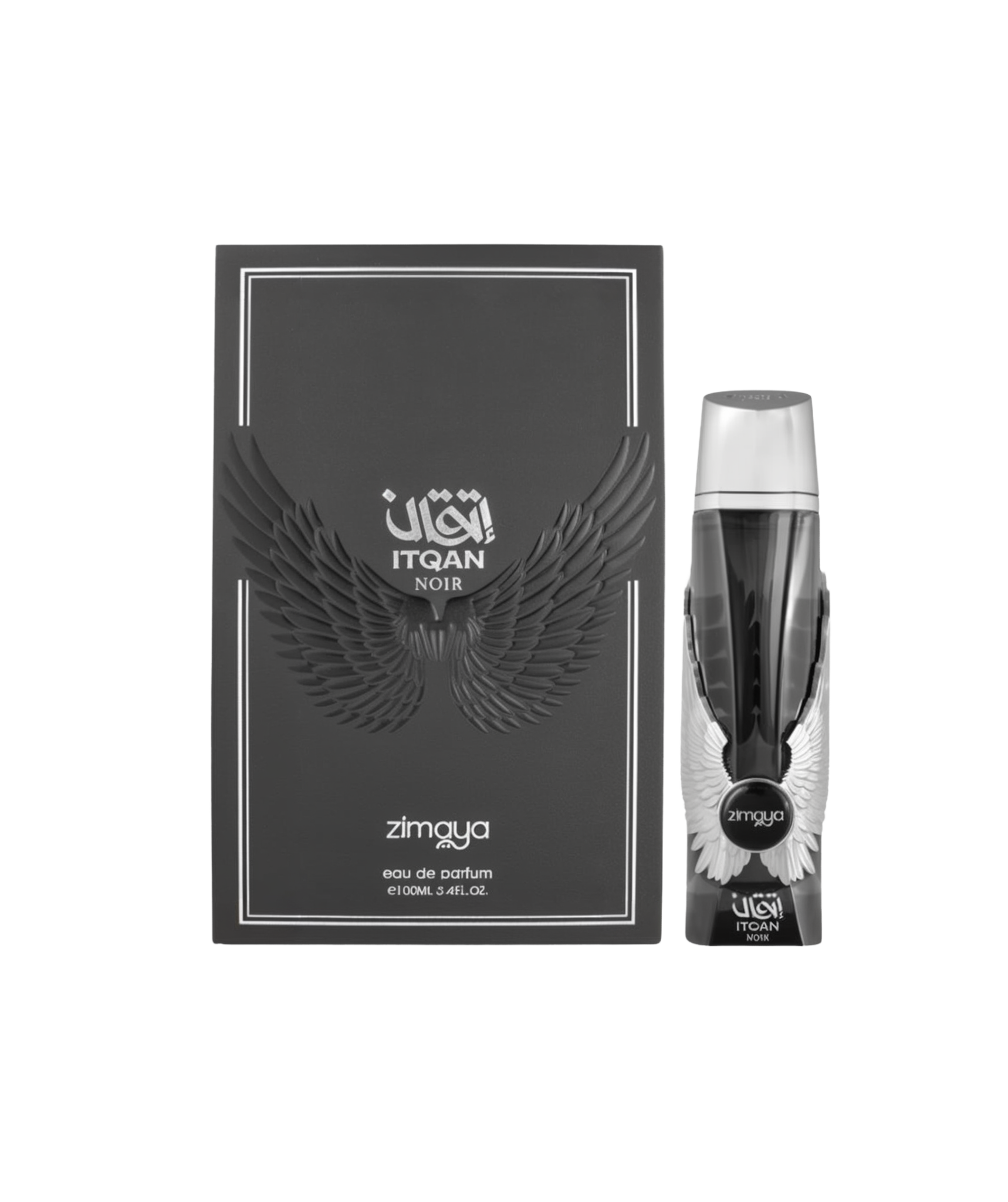 A bottle and packaging of Itqan Noir Eau De Parfum by Zimaya. The bottle is sleek and black with silver wing-like embellishments on the sides and a silver cap. The front of the bottle displays the "Itqan Noir" and "Zimaya" branding. The matching black box features embossed black wings with silver accents and the same branding in silver text. The design conveys strength, elegance, and a bold masculine appeal.