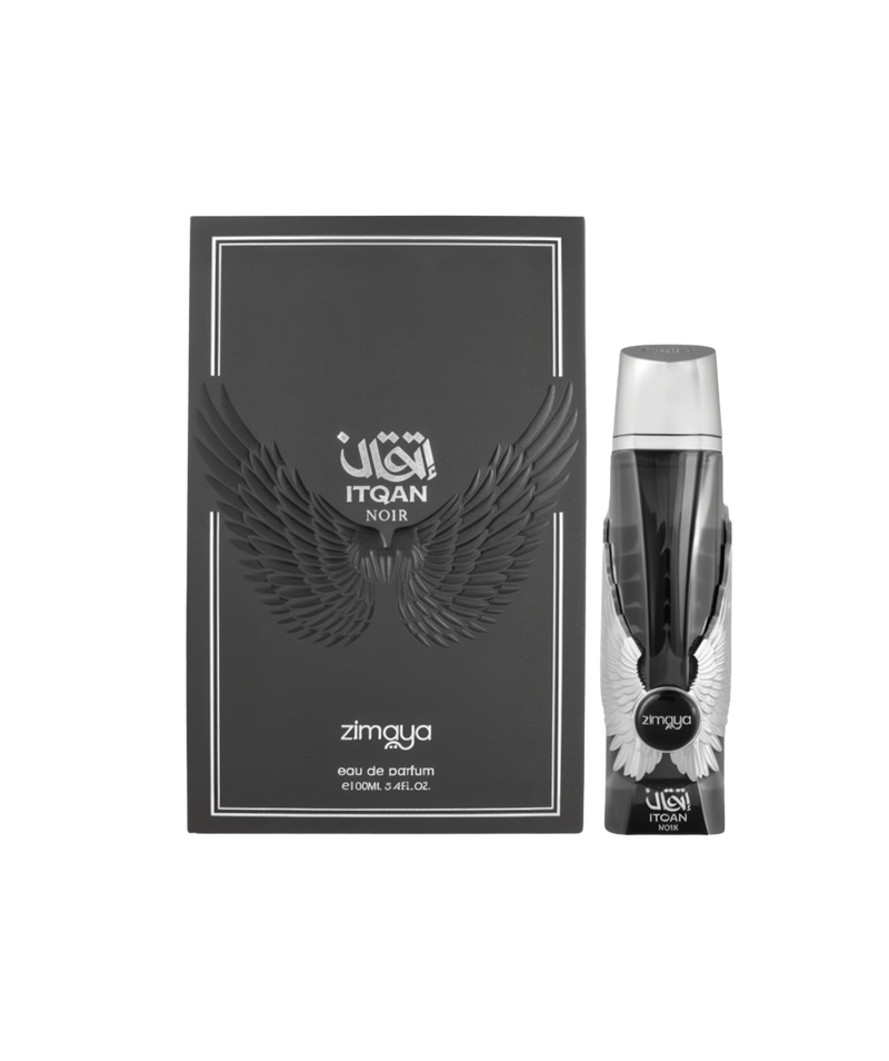 A bottle and packaging of Itqan Noir Eau De Parfum by Zimaya. The bottle is sleek and black with silver wing-like embellishments on the sides and a silver cap. The front of the bottle displays the "Itqan Noir" and "Zimaya" branding. The matching black box features embossed black wings with silver accents and the same branding in silver text. The design conveys strength, elegance, and a bold masculine appeal.