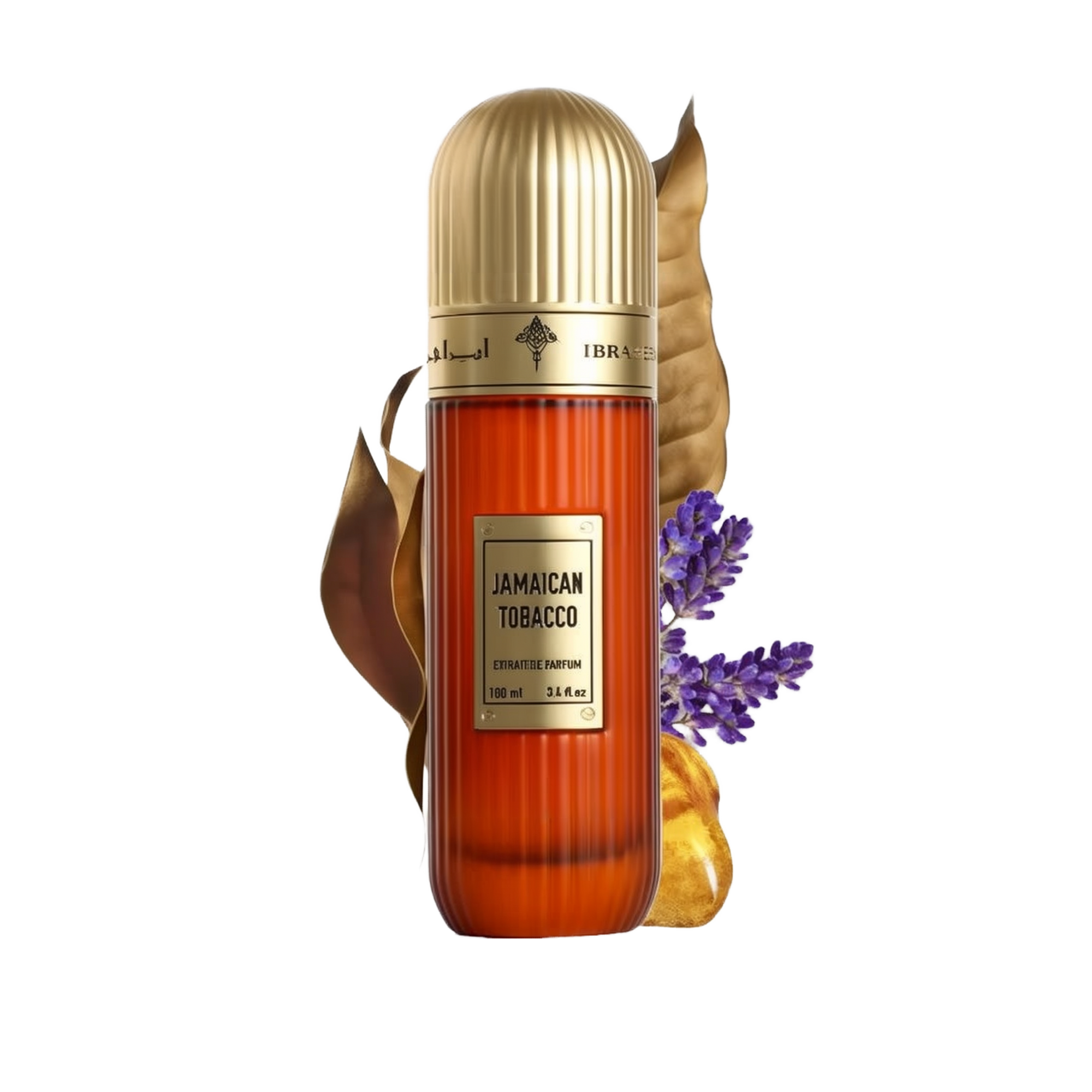 This image features a tall, cylindrical perfume bottle with a gold cap, labeled "Jamaican Tobacco" by Ibraheem Al Qurashi. The bottle is amber-colored with a textured surface, and it shows the volume as "100 ml / 3.4 fl.oz." A dry tobacco leaf, some lavender sprigs, and pieces of amber resin are placed around the bottle, suggesting the scent notes of the fragrance.