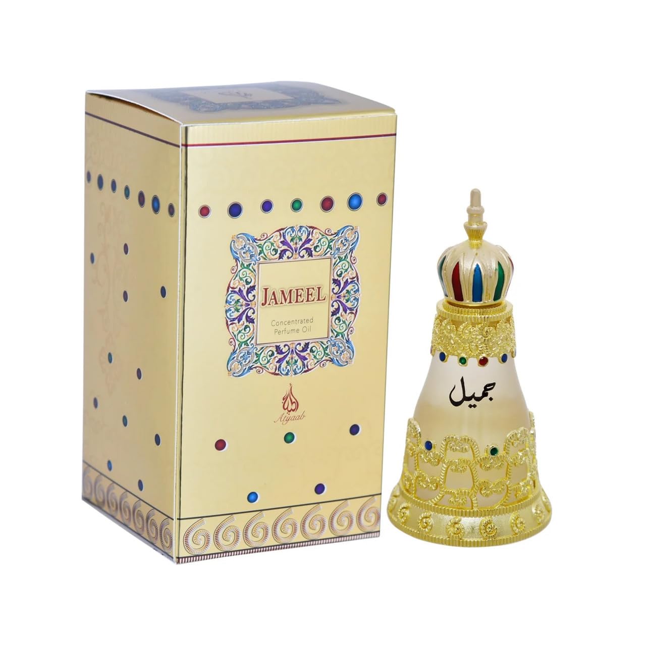 An ornate, gold-decorated perfume bottle with a crown-shaped cap, featuring multicolored gemstones and Arabic script, displayed next to a matching gold box adorned with intricate patterns and the text 'Jameel Concentrated Perfume Oil' in the center.