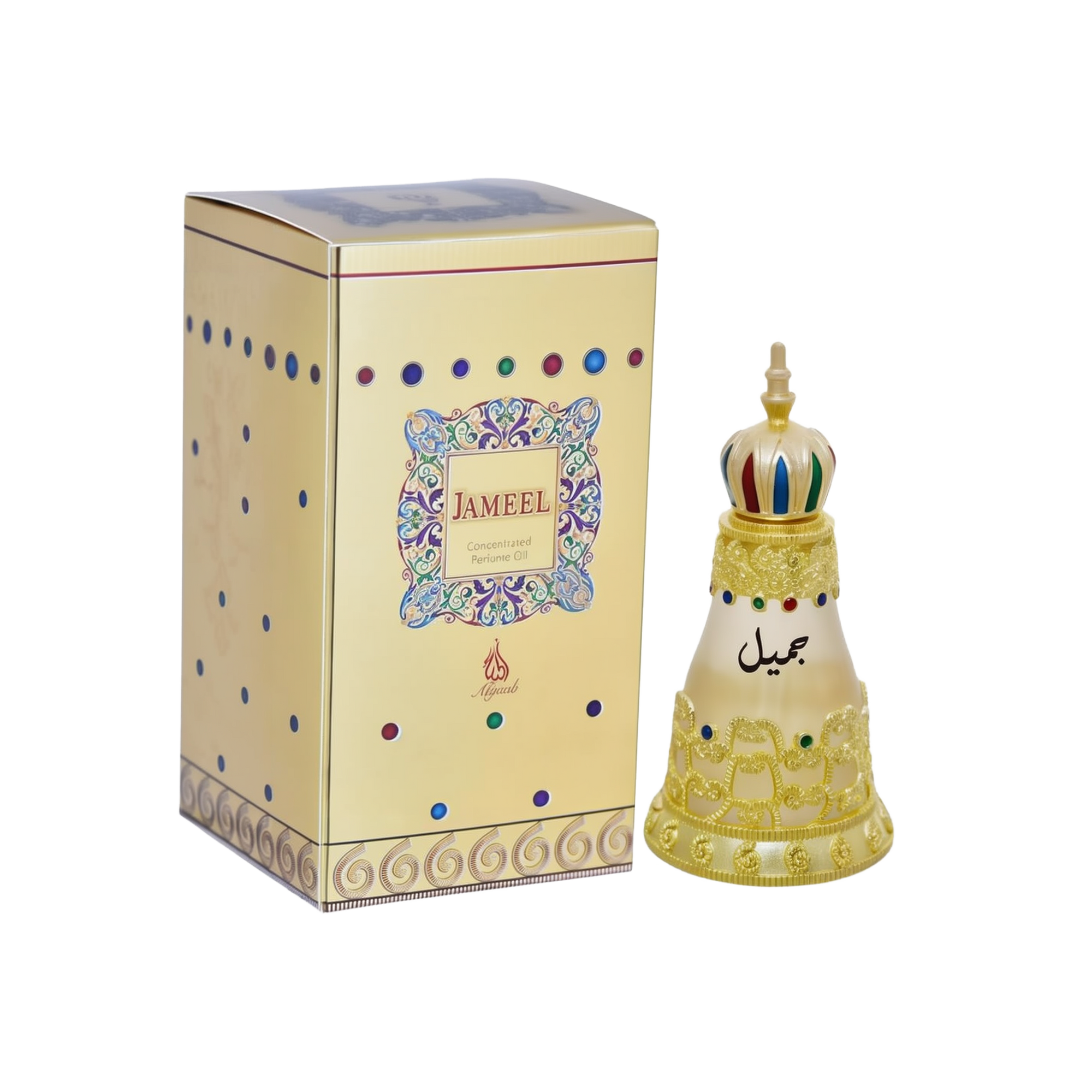 An ornate, gold-decorated perfume bottle with a crown-shaped cap, featuring multicolored gemstones and Arabic script, displayed next to a matching gold box adorned with intricate patterns and the text 'Jameel Concentrated Perfume Oil' in the center.