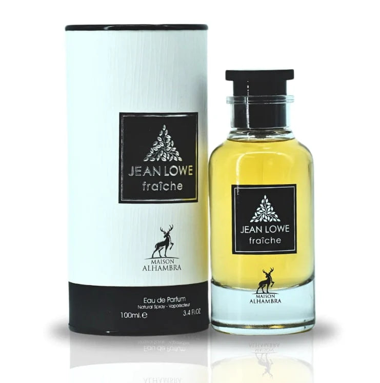 Jean Lowe Fraîche Eau de Parfum by Maison Alhambra, 100 ml. The image shows a cylindrical white packaging with black accents and a glass bottle filled with golden-yellow perfume liquid. The bottle has a black cap and label with the brand name and logo.