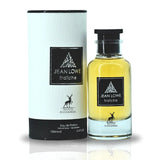 Jean Lowe Fraîche Eau de Parfum by Maison Alhambra, 100 ml. The image shows a cylindrical white packaging with black accents and a glass bottle filled with golden-yellow perfume liquid. The bottle has a black cap and label with the brand name and logo.