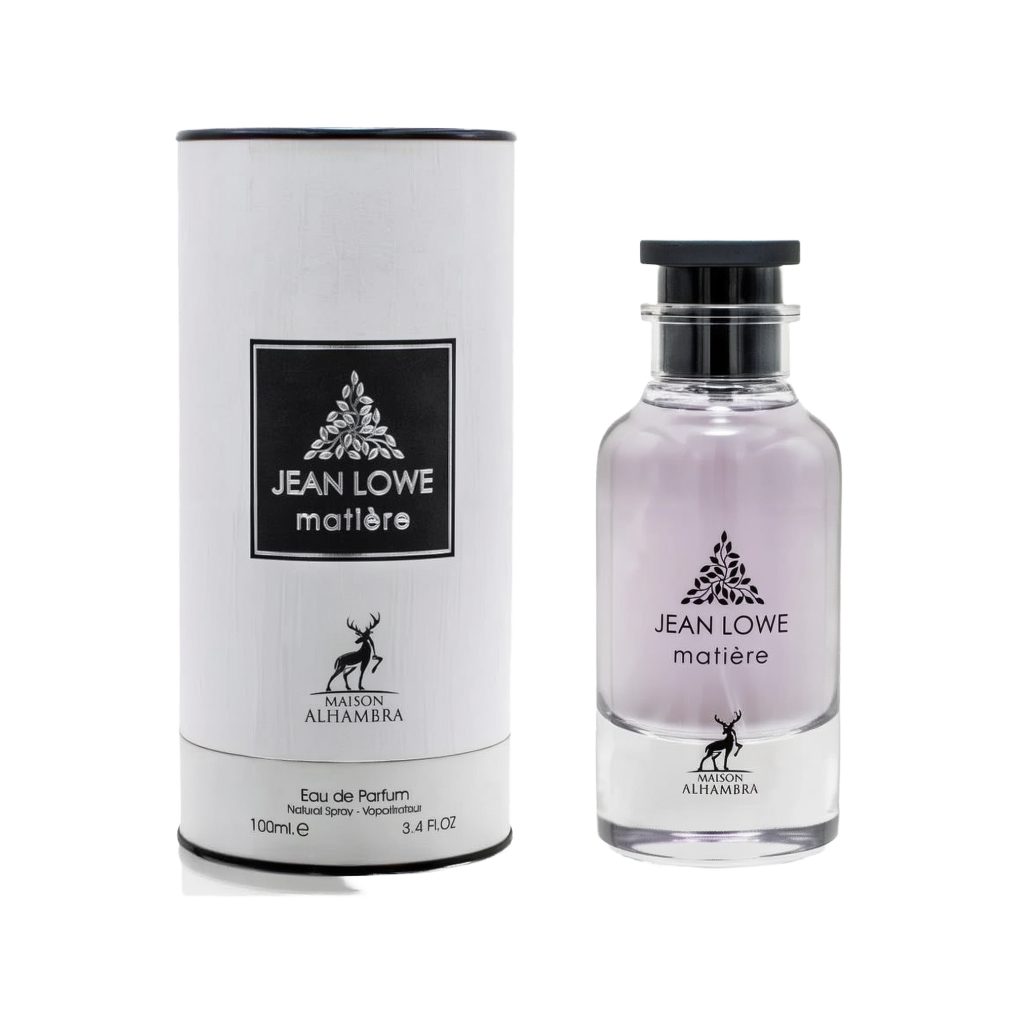 A 100 ml bottle of Jean Lowe Matière Eau de Parfum by Maison Alhambra. The packaging includes a white cylindrical container with black trim. The transparent glass bottle contains a light purple fragrance, and it features a black cap and a black square lab