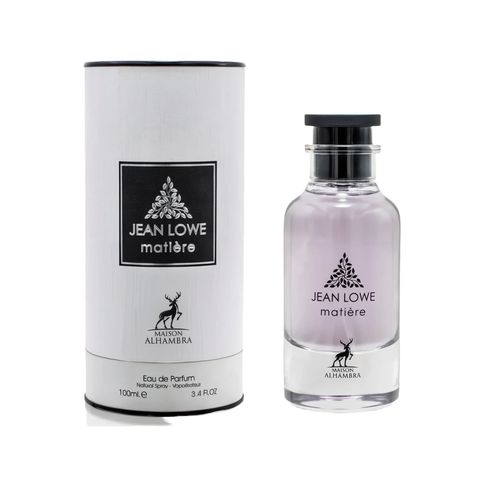 A 100 ml bottle of Jean Lowe Matière Eau de Parfum by Maison Alhambra. The packaging includes a white cylindrical container with black trim. The transparent glass bottle contains a light purple fragrance, and it features a black cap and a black square lab