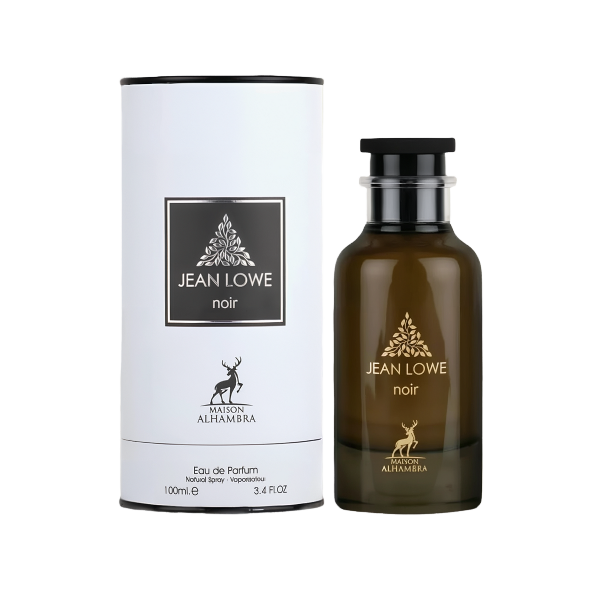 The image features a product named "Jean Lowe Noir" by Maison Alhambra. The product is an Eau de Parfum, presented in a sleek, cylindrical dark amber glass bottle with a black cap. The bottle has a minimalist design, with gold text displaying the product 