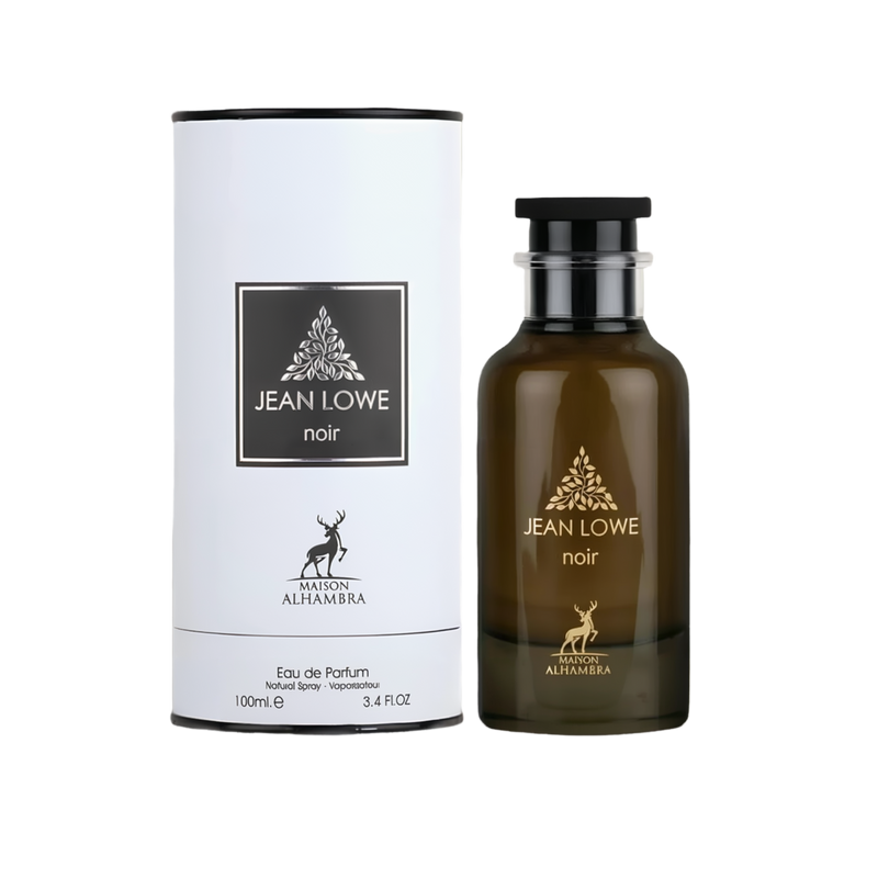 The image features a product named "Jean Lowe Noir" by Maison Alhambra. The product is an Eau de Parfum, presented in a sleek, cylindrical dark amber glass bottle with a black cap. The bottle has a minimalist design, with gold text displaying the product 