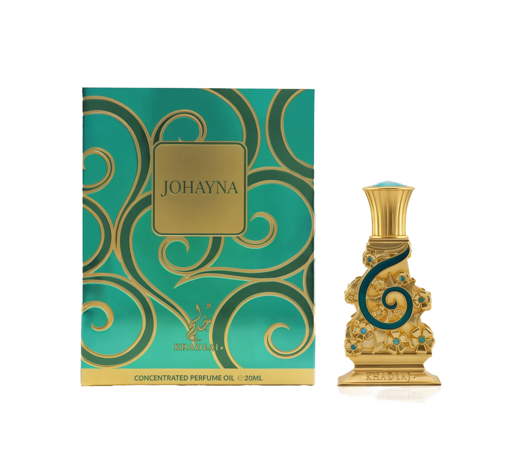A turquoise box with swirling gold patterns and “Johayna” in a gold label stands beside a matching, ornate gold bottle adorned with turquoise gems, floral motifs, and a spiral accent. The bottle, by Khadlaj, has a flared gold cap topped with a turquoise stone.
