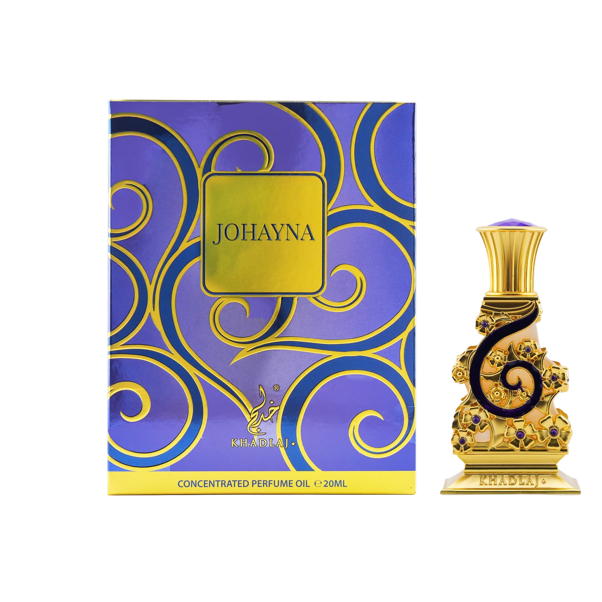 Khadlaj Johayna concentrated perfume oil with ornate gold bottle and purple decorative box.