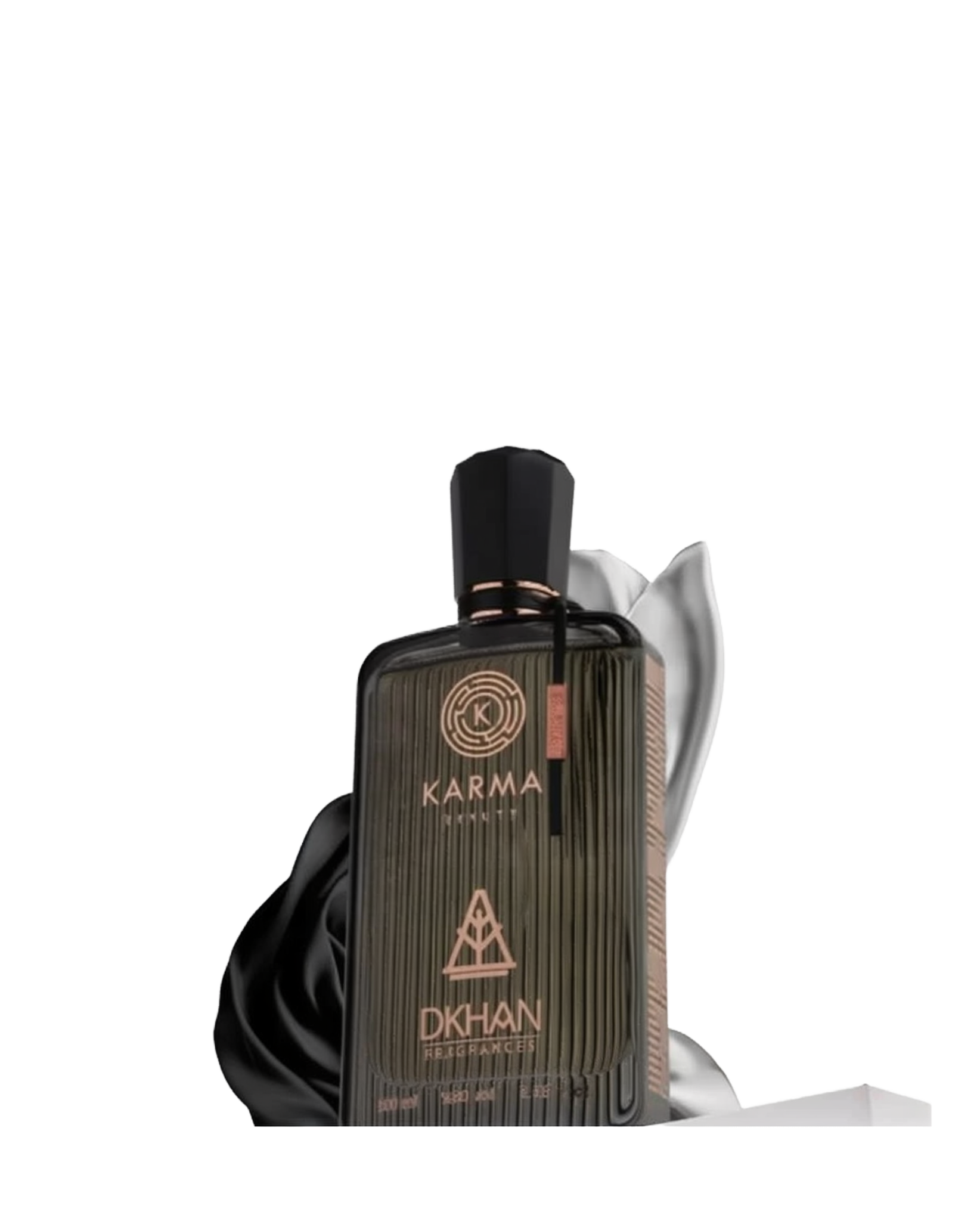 This image showcases a dark, elegantly textured perfume bottle for "Karma Beauty" by DKHAN Fragrances. The bottle appears to be made of ribbed glass with a luxurious matte finish and features the Karma Beauty logo embossed in a circular design at the top. Below the logo is the distinctive DKHAN Fragrances logo, resembling a heart within a diamond shape, set above the product details which indicate a 100ml quantity and 80% vol. The cap is a sleek black with a copper band.