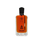 The image shows a rectangular glass perfume bottle with a black cap, filled with an orange-colored liquid. The bottle has several labels: the top one includes a circular logo with the text "KEHL" and a smaller text below it reads "INTENSE". In the center, there's a large stylized emblem with the text "DKHAN FRAGRANCES" beneath it.