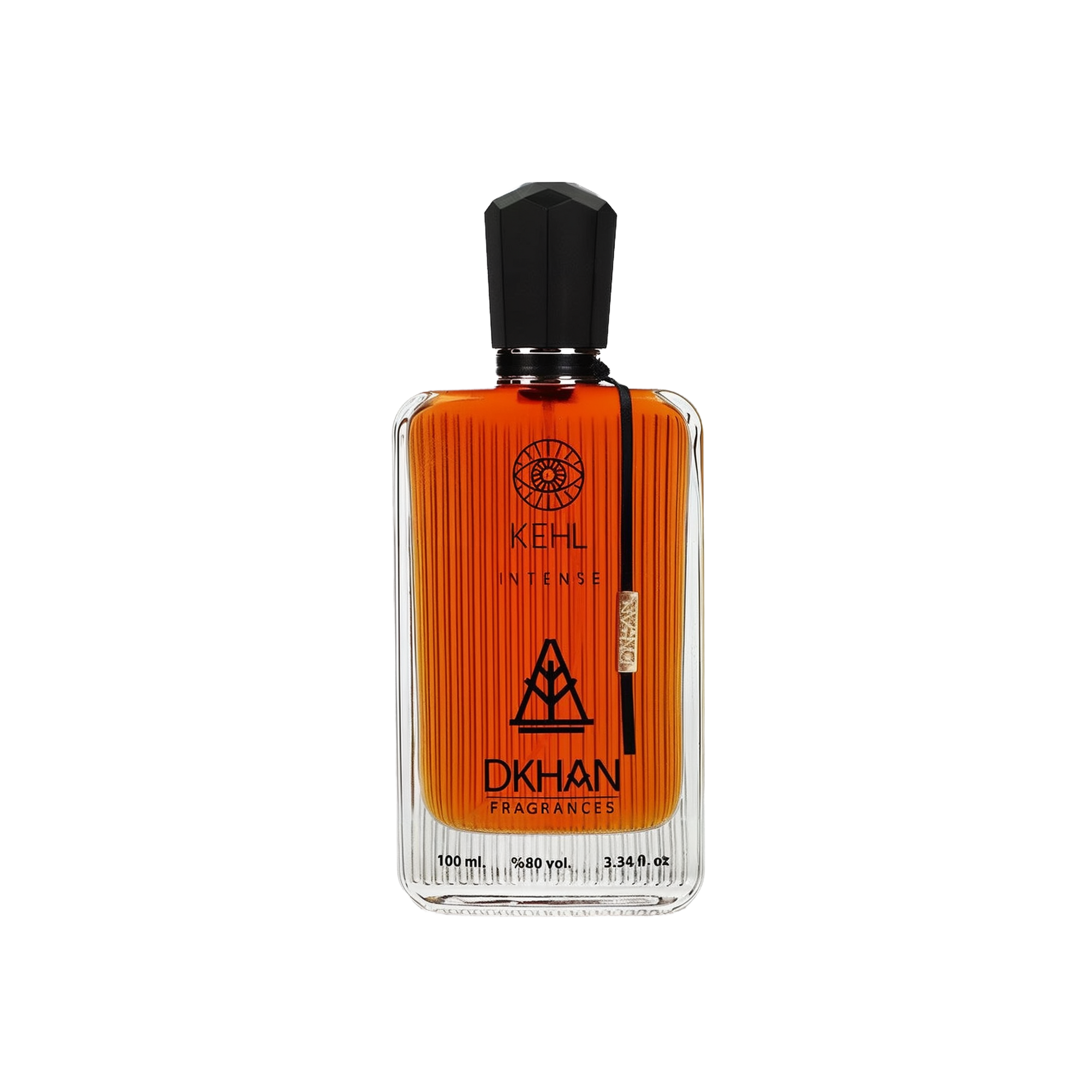 The image shows a rectangular glass perfume bottle with a black cap, filled with an orange-colored liquid. The bottle has several labels: the top one includes a circular logo with the text "KEHL" and a smaller text below it reads "INTENSE". In the center, there's a large stylized emblem with the text "DKHAN FRAGRANCES" beneath it.
