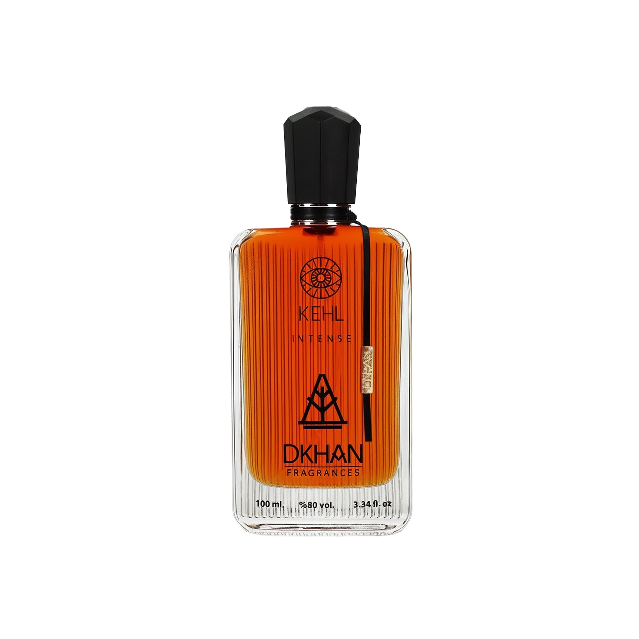 The image shows a rectangular glass perfume bottle with a black cap, filled with an orange-colored liquid. The bottle has several labels: the top one includes a circular logo with the text "KEHL" and a smaller text below it reads "INTENSE". In the center, there's a large stylized emblem with the text "DKHAN FRAGRANCES" beneath it.