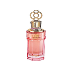 The image features a pink perfume bottle with a gradient that fades to clear at the base. The cap is golden and has a decorative loop design. The bottle has the word "?????" written in Arabic script and "KHAFAYA" in Latin letters in gold just below the neck. The design elements suggest an elegant and contemporary style, and the color scheme conveys a sense of feminine luxury.