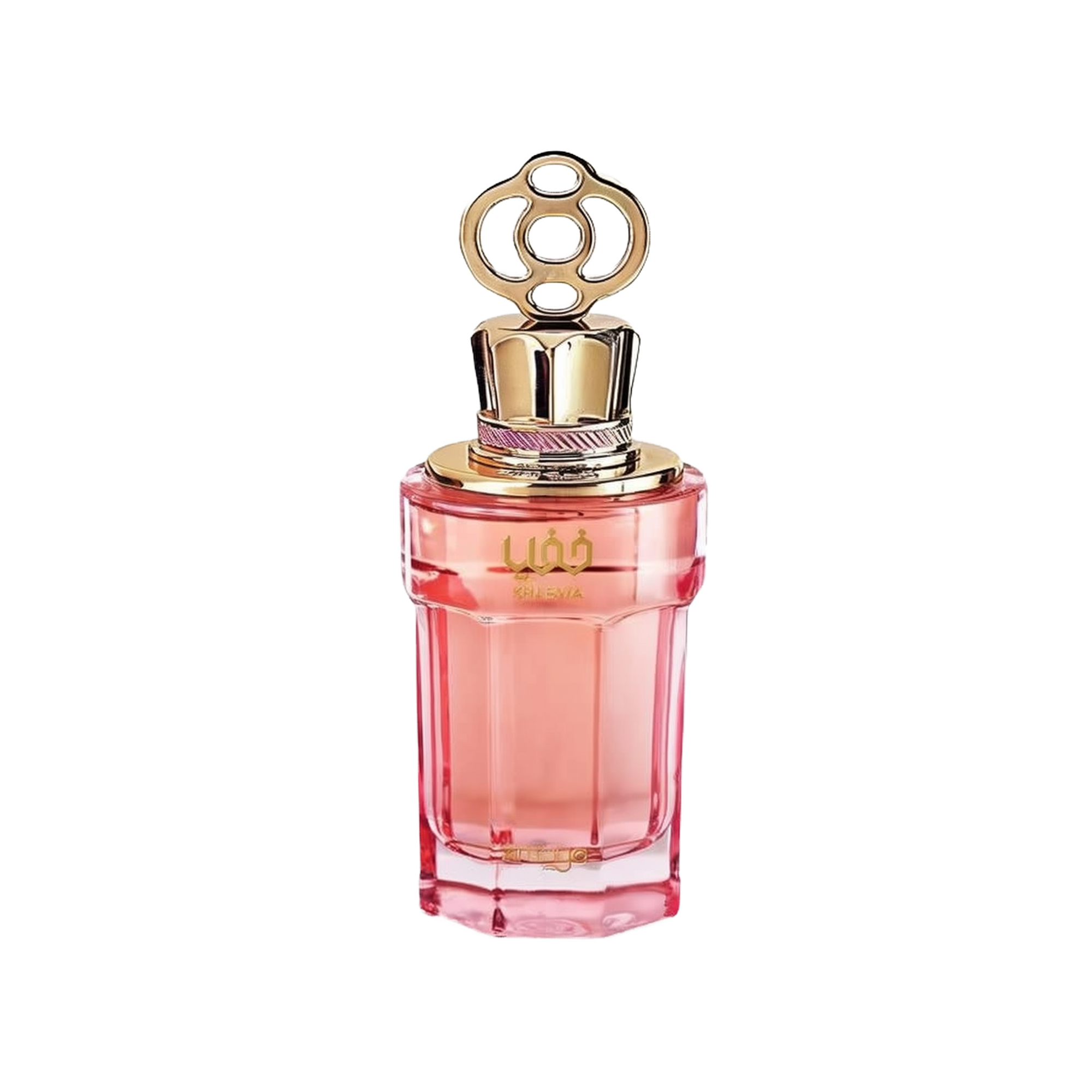 The image features a pink perfume bottle with a gradient that fades to clear at the base. The cap is golden and has a decorative loop design. The bottle has the word "?????" written in Arabic script and "KHAFAYA" in Latin letters in gold just below the neck. The design elements suggest an elegant and contemporary style, and the color scheme conveys a sense of feminine luxury.