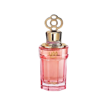 The image features a pink perfume bottle with a gradient that fades to clear at the base. The cap is golden and has a decorative loop design. The bottle has the word "?????" written in Arabic script and "KHAFAYA" in Latin letters in gold just below the neck. The design elements suggest an elegant and contemporary style, and the color scheme conveys a sense of feminine luxury.