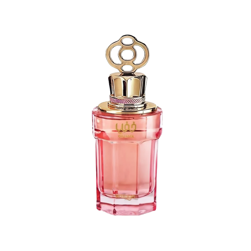 The image features a pink perfume bottle with a gradient that fades to clear at the base. The cap is golden and has a decorative loop design. The bottle has the word "?????" written in Arabic script and "KHAFAYA" in Latin letters in gold just below the neck. The design elements suggest an elegant and contemporary style, and the color scheme conveys a sense of feminine luxury.