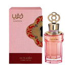 The image displays a rectangular, pink-hued perfume bottle with a golden cap featuring an intricate loop design, alongside its packaging box. The label on the bottle reads "?????" in Arabic script and "KHAFAYA" in Latin characters. The pink box has a detailed patterned background and a large maroon section at the bottom with the text "eau de parfum 100ml 3.4fl.oz." in gold lettering. A graphic design element with a red and gold flower motif extends from the left side of the box.