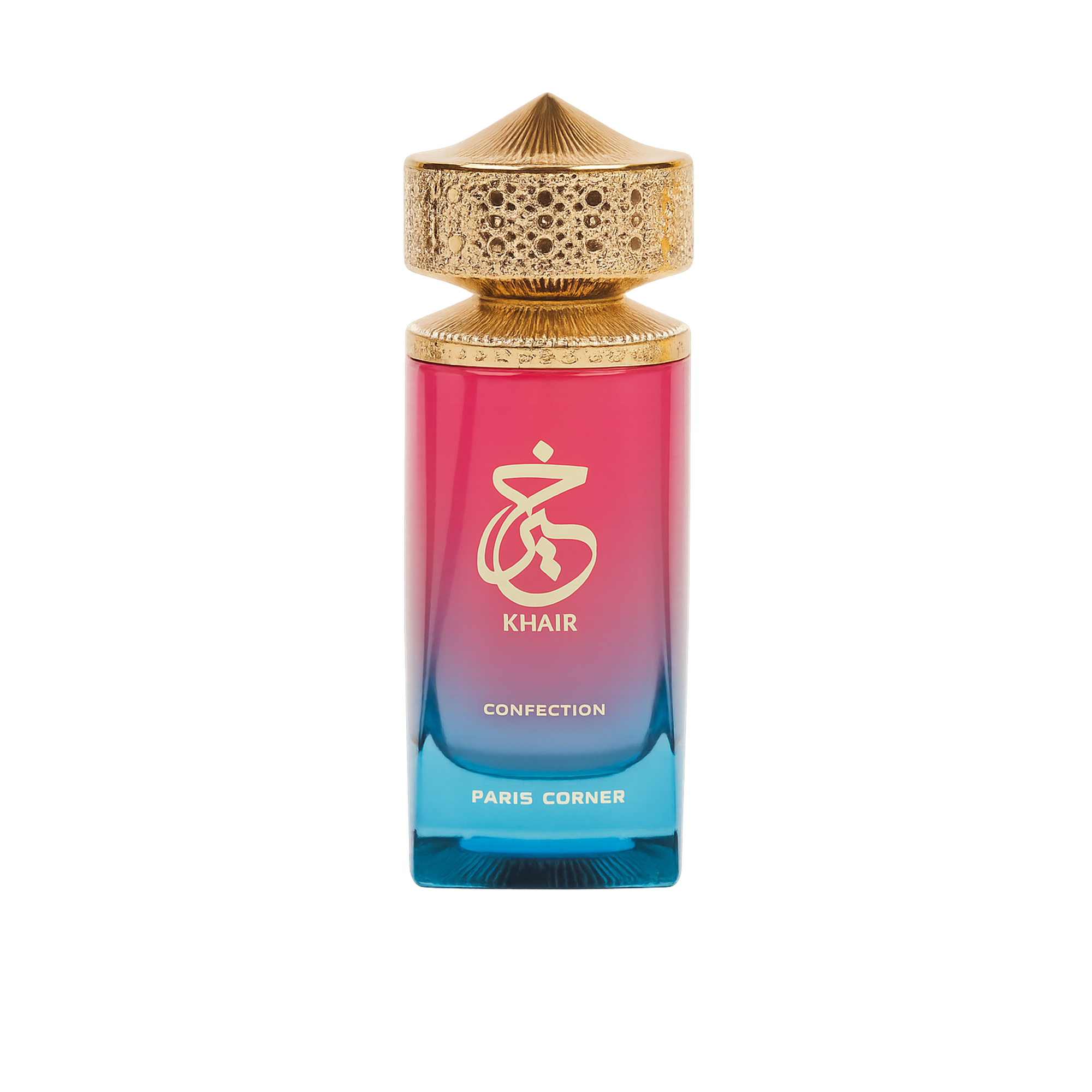 Pink and blue gradient perfume bottle with gold ornate cap and Khair Confection Paris Corner engraved on the bottle.