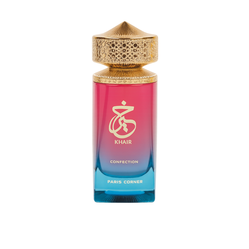 Pink and blue gradient perfume bottle with gold ornate cap and Khair Confection Paris Corner engraved on the bottle.