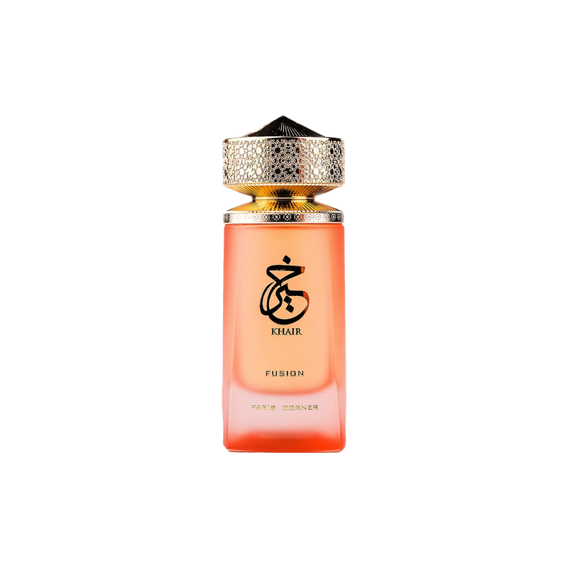 Rectangular peach-orange bottle of Paris Corner Khair Fusion with ornate gold cap.