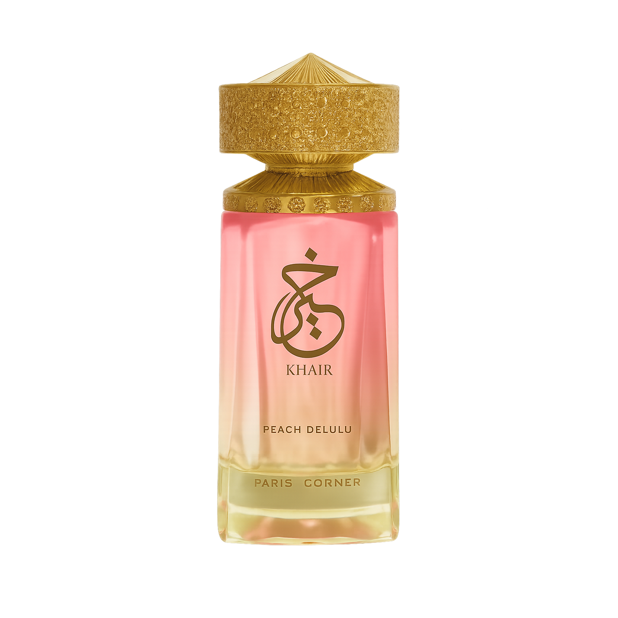 Gold-capped Khair Peach Delulu perfume bottle with pink to gold gradient glass on dark backdrop.