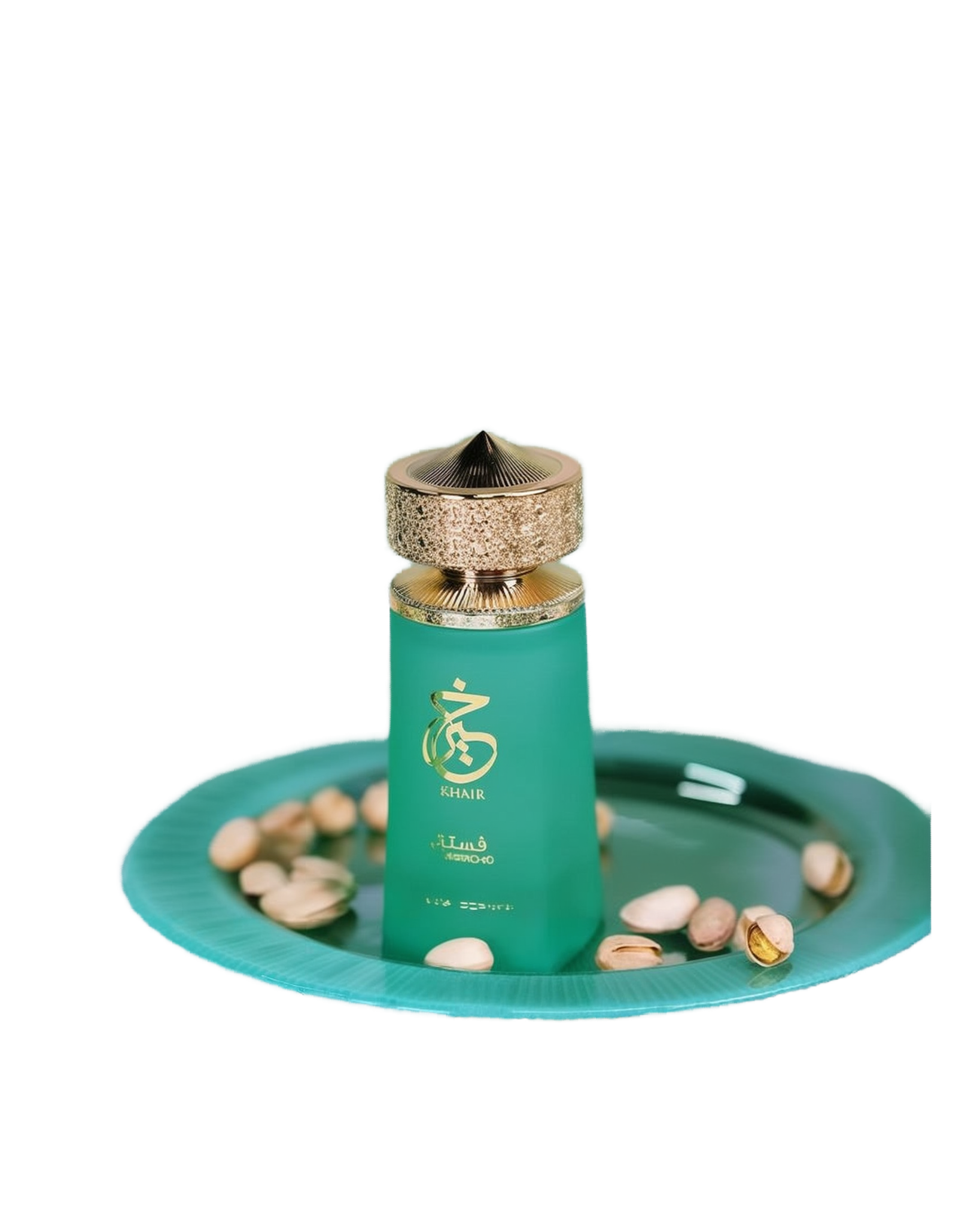 A perfume bottle labeled "Khair Pistachio" from Paris Corner. The bottle is an elegant, opaque mint-green color with gold accents, featuring a textured gold cap with a conical shape.