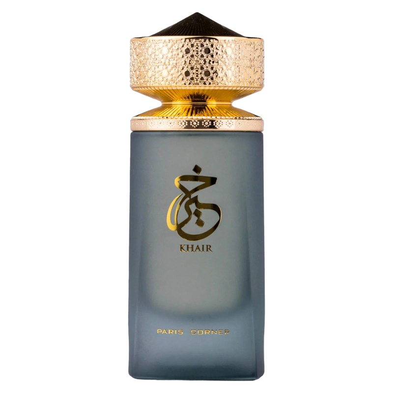 Frosted grey perfume bottle with ornate gold cap and Khair Paris Corner logo in gold.