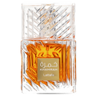 Lattafa Khamrah fragrance in a faceted clear glass bottle filled with rich amber liquid and featuring a gold label.