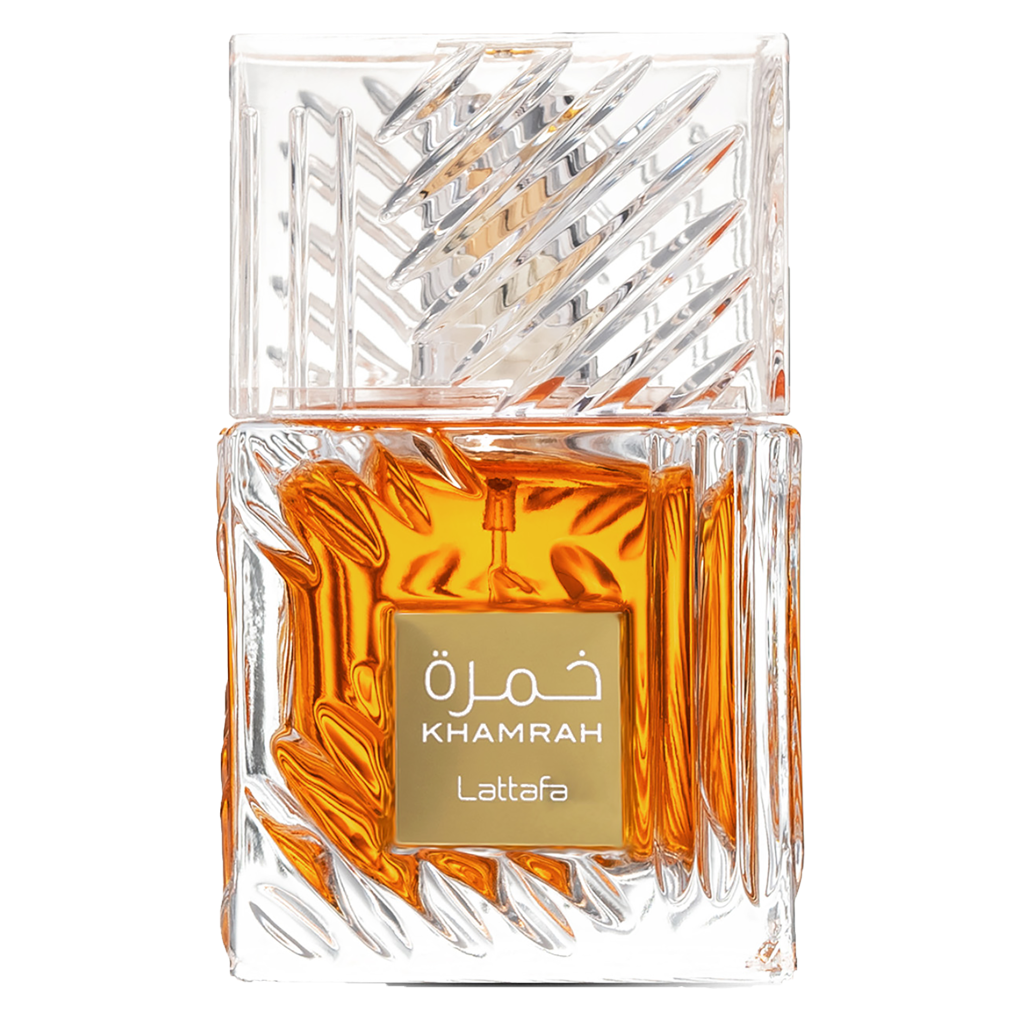 Lattafa Khamrah fragrance in a faceted clear glass bottle filled with rich amber liquid and featuring a gold label.