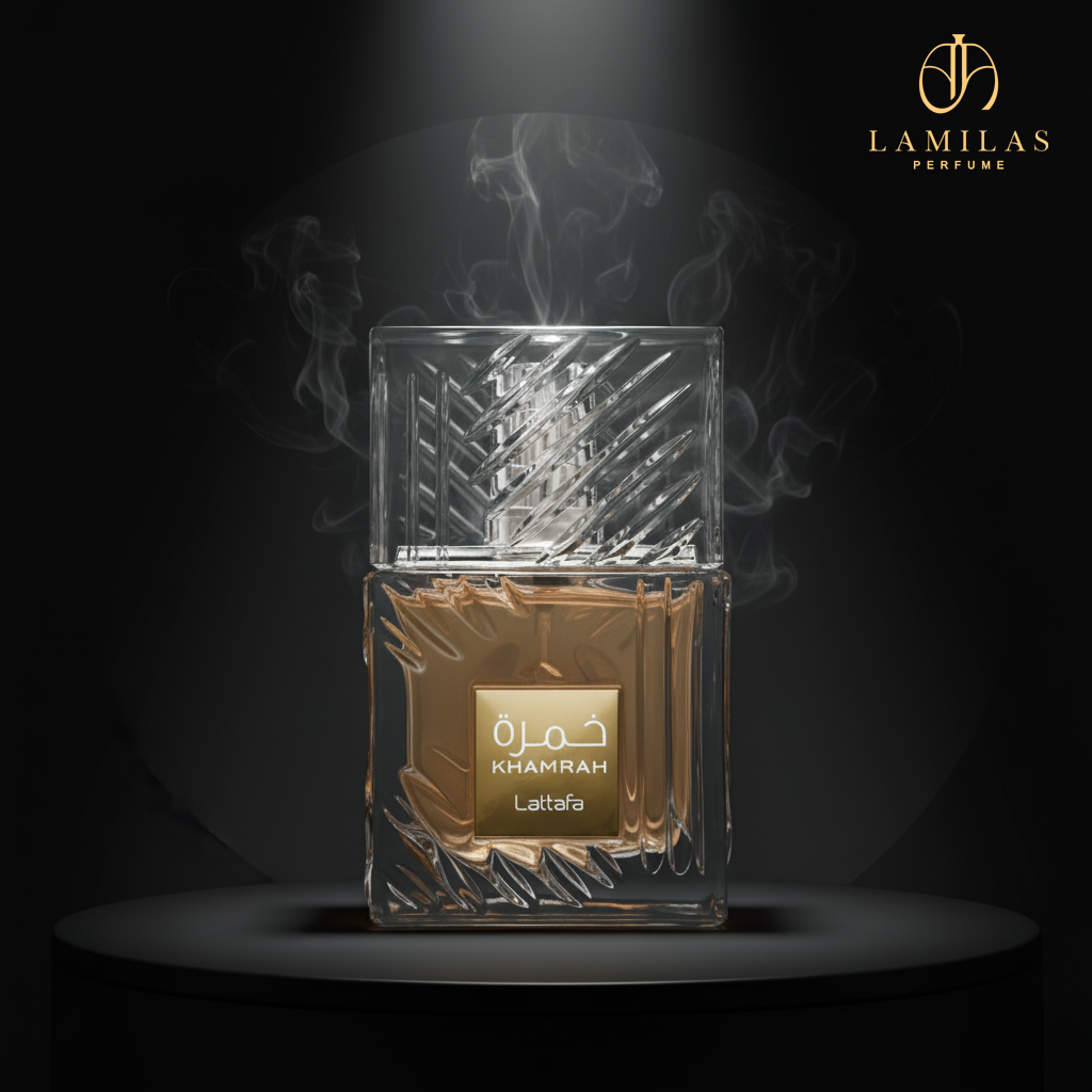 Lattafa Khamrah perfume bottle featuring etched glass and a textured cap, highlighted by spotlights and smoke.lattafa-khamrah-eau-de-parfum-textured-bottle-black-background.jpg