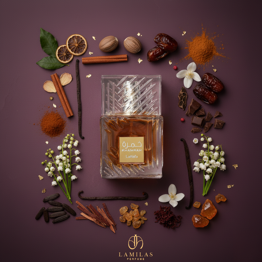 Lattafa Khamrah perfume bottle centered on a deep red background, surrounded by rich notes like dates, vanilla, cinnamon, and nutmeg.