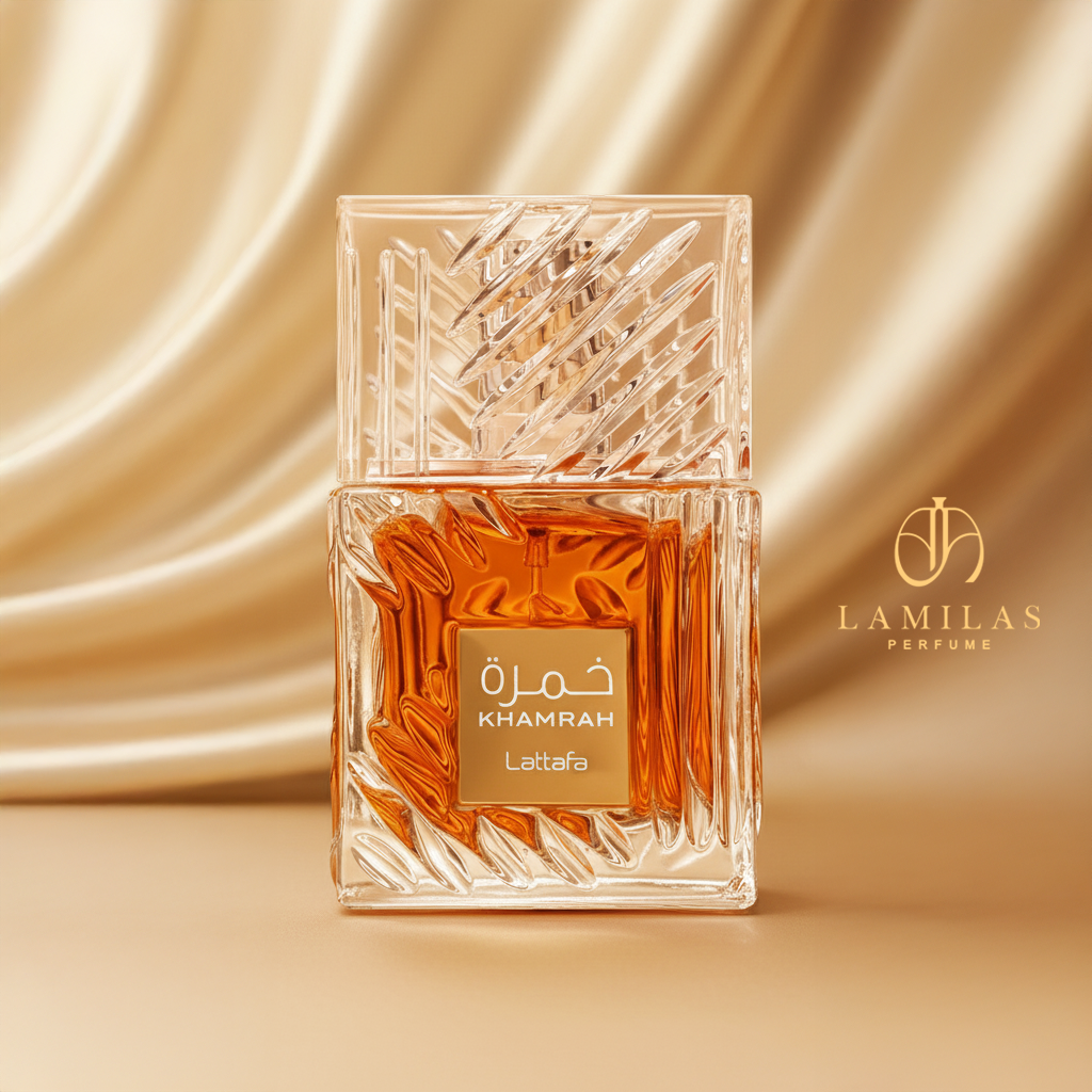 Lattafa Khamrah perfume bottle, clear textured glass filled with amber liquid, set against a shimmering gold silk backdrop.