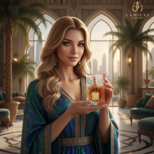 Elegant woman in a blue and gold kaftan holds the Lamilas Khamrah perfume bottle in a luxurious Middle Eastern-style lounge.lamilas-khamrah-lovers-perfume-luxury-ad-woman