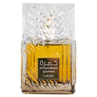 Close-up of Lattafa Khamrah Qahwa perfume bottle with clear glass and golden fragrance.