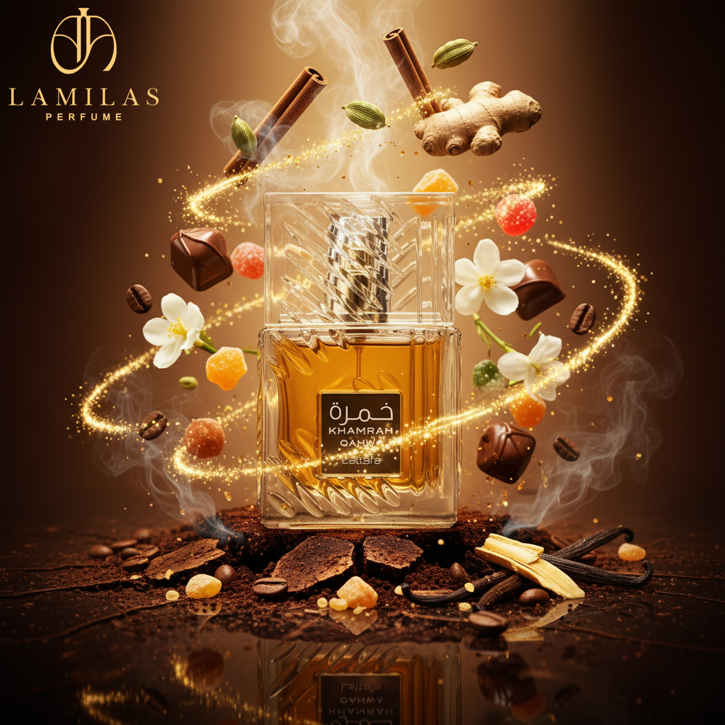Lattafa Khamrah Qahwa perfume bottle surrounded by spices, coffee, and golden swirls.