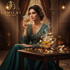Woman in green dress holding Lattafa Khamrah Qahwa perfume with styled table display.