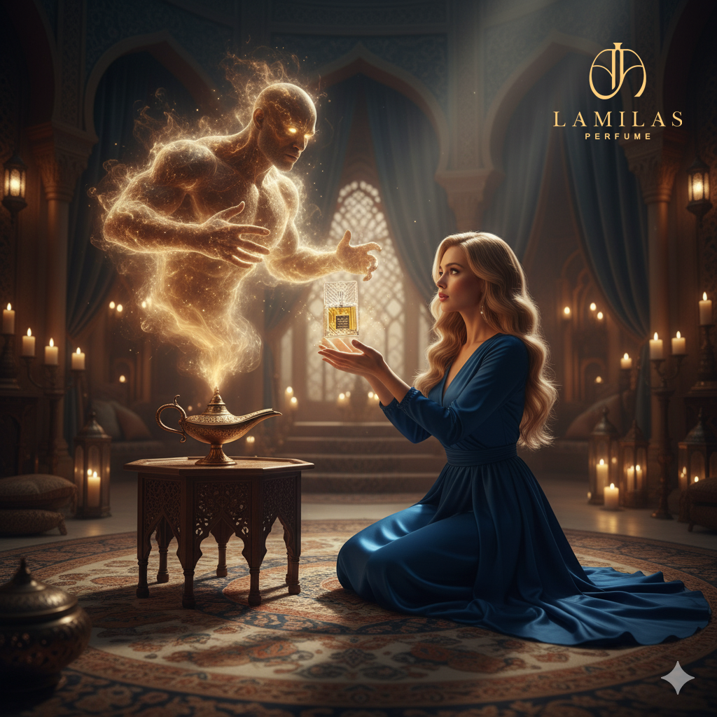 Woman kneeling with Lattafa Khamrah Qahwa perfume as golden genie emerges from lamp.