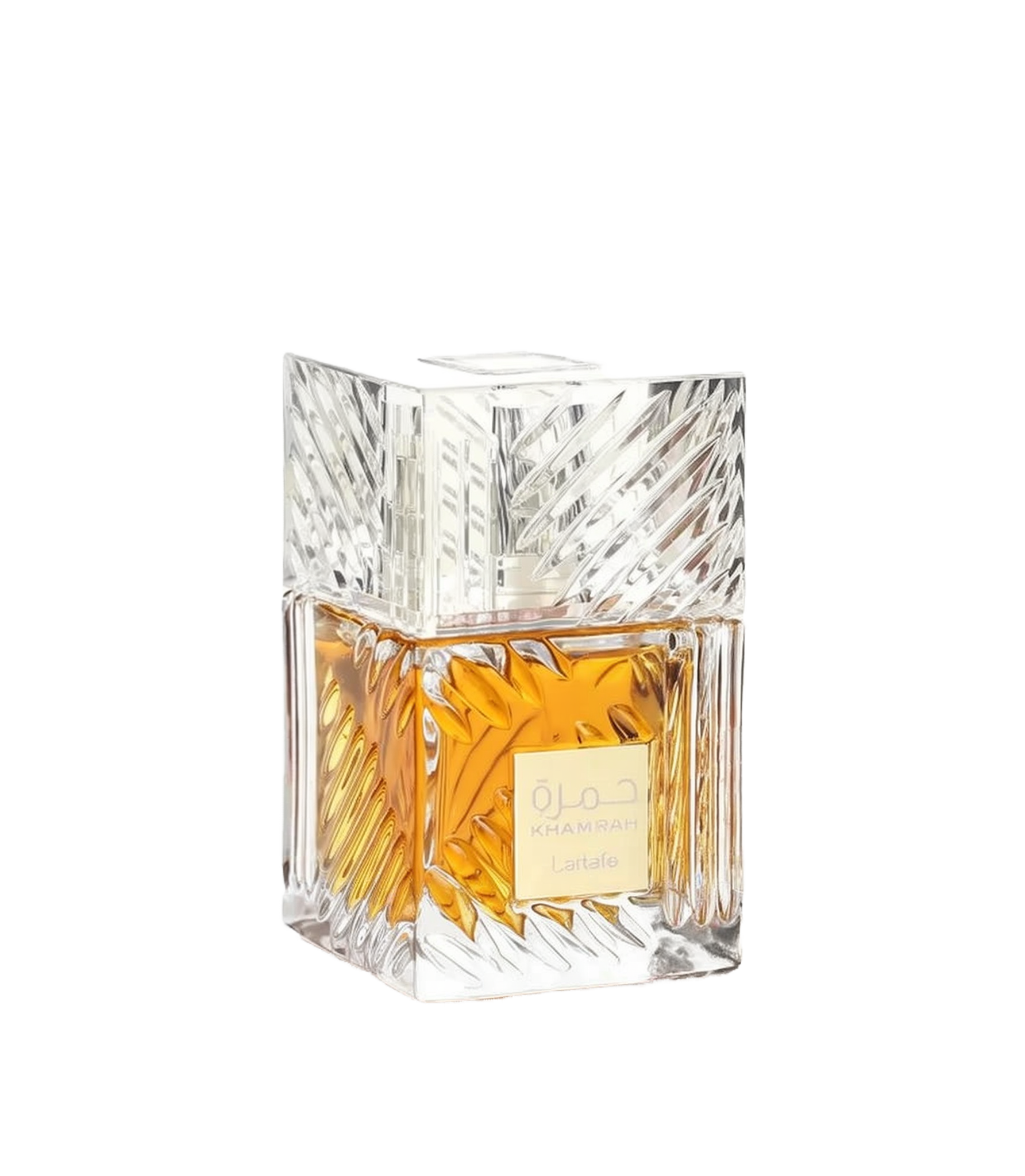 This image displays a square-shaped perfume bottle with a clear crystal-like design. The bottle has a substantial, geometrically cut glass structure that reflects light, enhancing the rich golden-yellow color of the perfume inside. The cap is a clear cube