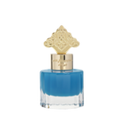 This image features a square-shaped perfume bottle with a blue gradient color, transitioning from a darker blue at the top to clear at the bottom. The cap is gold with intricate, ornate patterns resembling traditional Arabic designs. Arabic script is present on the gold band just below the cap, likely denoting the brand or fragrance name.