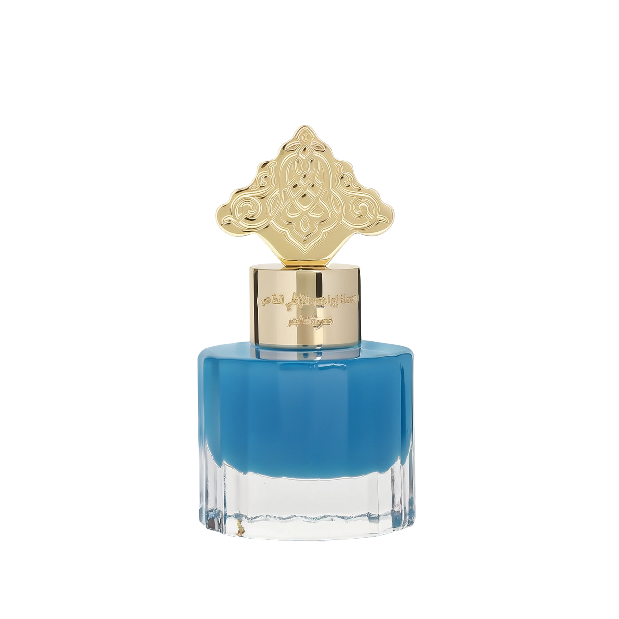 This image features a square-shaped perfume bottle with a blue gradient color, transitioning from a darker blue at the top to clear at the bottom. The cap is gold with intricate, ornate patterns resembling traditional Arabic designs. Arabic script is present on the gold band just below the cap, likely denoting the brand or fragrance name.