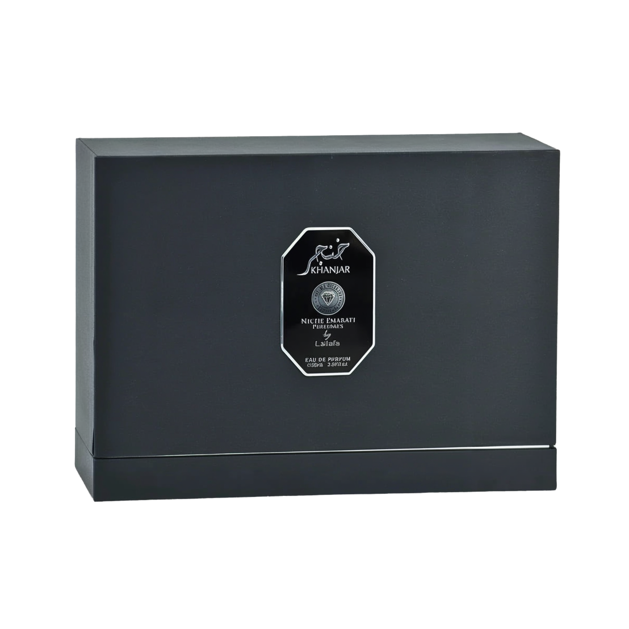 A black rectangular perfume box with a sleek design labeled 'Khanjar' in both Arabic and English. The box is part of the 'Niche Emarati Perfumes' collection by Lattafa, featuring a silver emblem in the center. 