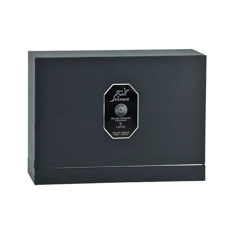 A black rectangular perfume box with a sleek design labeled 'Khanjar' in both Arabic and English. The box is part of the 'Niche Emarati Perfumes' collection by Lattafa, featuring a silver emblem in the center. 