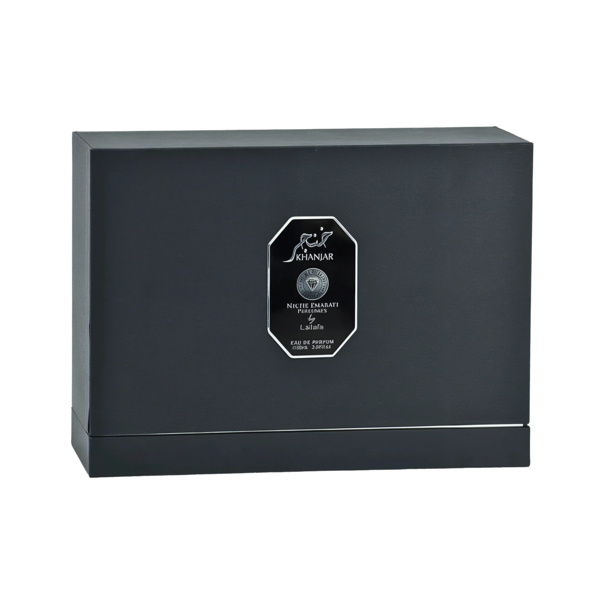 A black rectangular perfume box with a sleek design labeled 'Khanjar' in both Arabic and English. The box is part of the 'Niche Emarati Perfumes' collection by Lattafa, featuring a silver emblem in the center. 