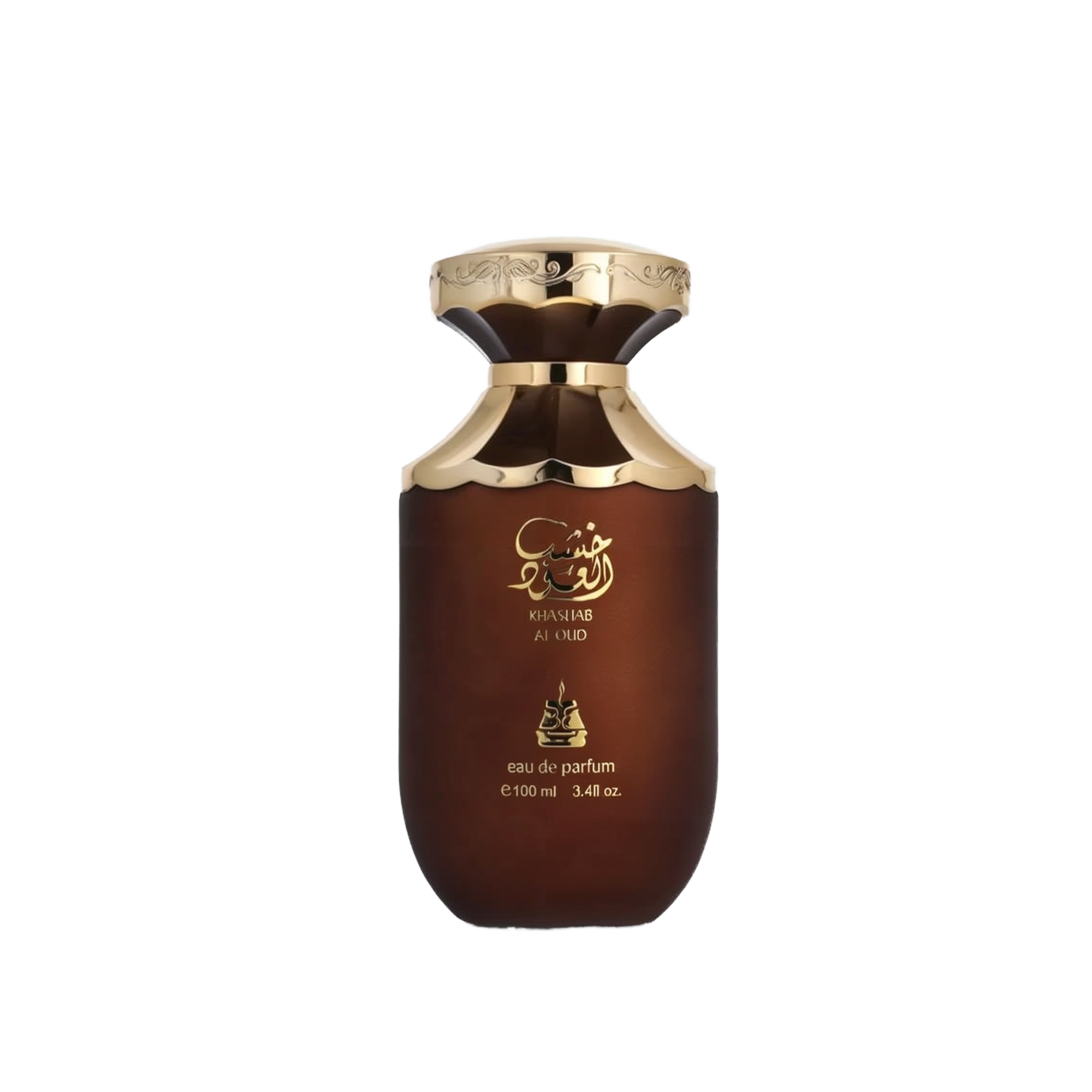 The image displays a perfume bottle labeled "Khashab Al Oud" by Bait Al Bakhoor. The bottle has a distinctive, rounded shape with a broad base that tapers slightly towards the top. It has a dark brown to black gradient color, symbolizing a woody essence, and is adorned with gold accents and Arabic calligraphy that accentuates its luxurious appeal. The perfume is noted to be an eau de parfum, with a volume of 100 ml or 3.4 fl. oz.