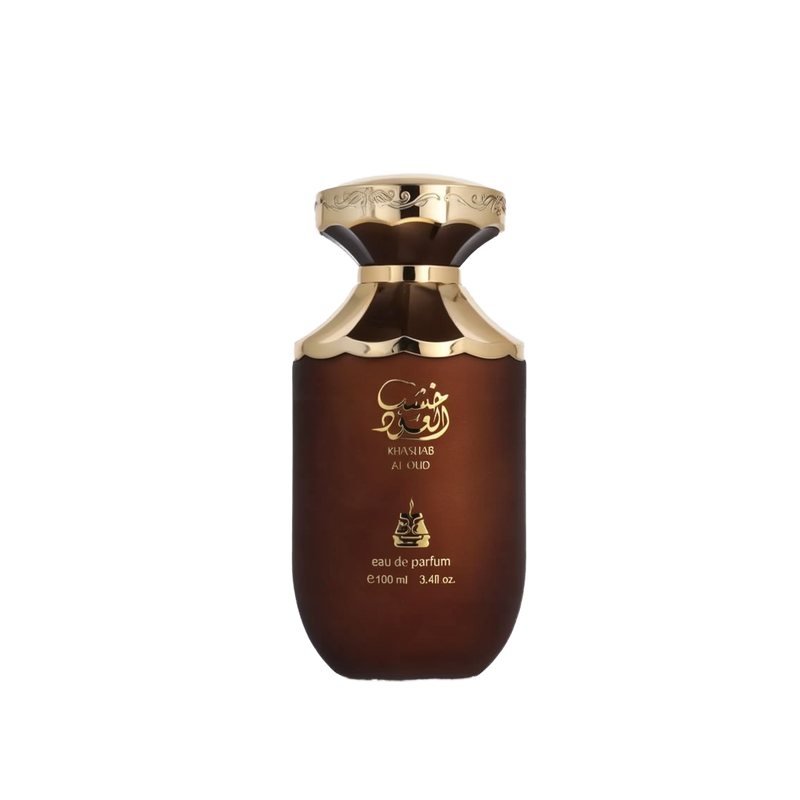  The image displays a perfume bottle labeled "Khashab Al Oud" by Bait Al Bakhoor. The bottle has a distinctive, rounded shape with a broad base that tapers slightly towards the top. It has a dark brown to black gradient color, symbolizing a woody essence, and is adorned with gold accents and Arabic calligraphy that accentuates its luxurious appeal. The perfume is noted to be an eau de parfum, with a volume of 100 ml or 3.4 fl. oz.