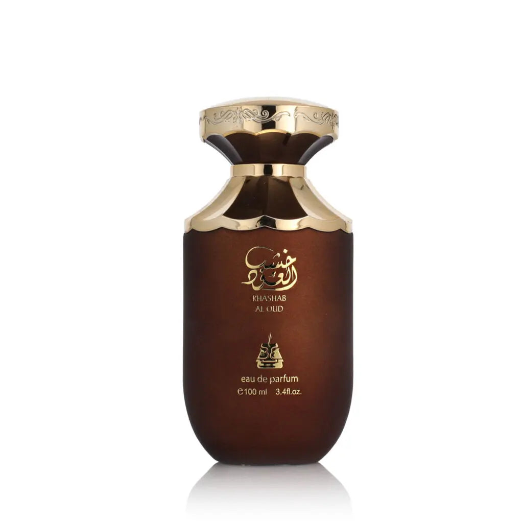  The image displays a perfume bottle labeled "Khashab Al Oud" by Bait Al Bakhoor. The bottle has a distinctive, rounded shape with a broad base that tapers slightly towards the top. It has a dark brown to black gradient color, symbolizing a woody essence, and is adorned with gold accents and Arabic calligraphy that accentuates its luxurious appeal. The perfume is noted to be an eau de parfum, with a volume of 100 ml or 3.4 fl. oz.