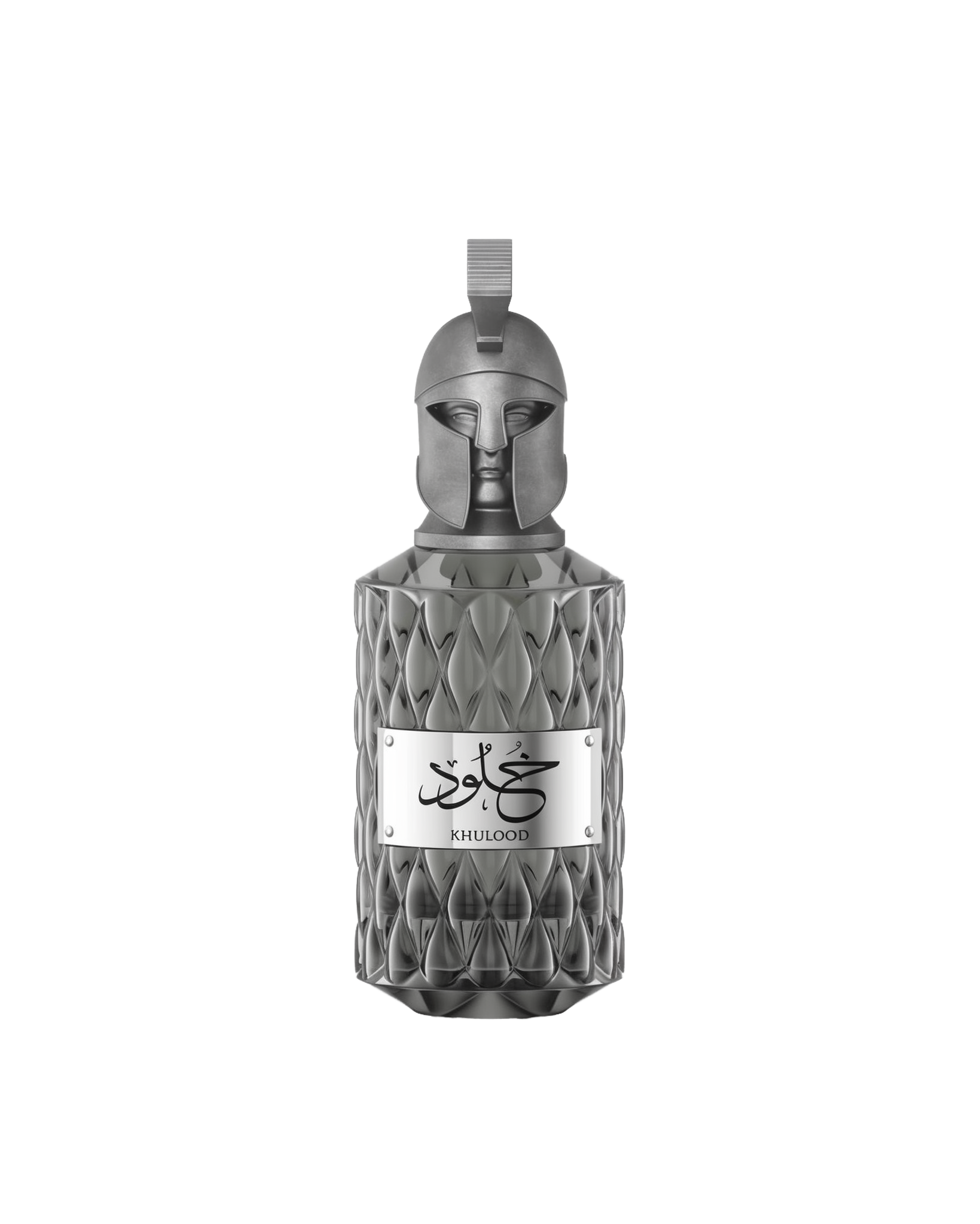 A product shot of Le Falcone Niche Collection’s “Khulood” perfume bottle on a white background: a tall, amber-colored glass vessel with a diamond-cut texture and a polished bronze plaque engraved with Arabic calligraphy above the word “Khulood.” The bottle is crowned by an ornate bronze cap sculpted into a stylized warrior’s helmet with a crest-style loop at the top, conveying a luxurious, sculptural aesthetic.