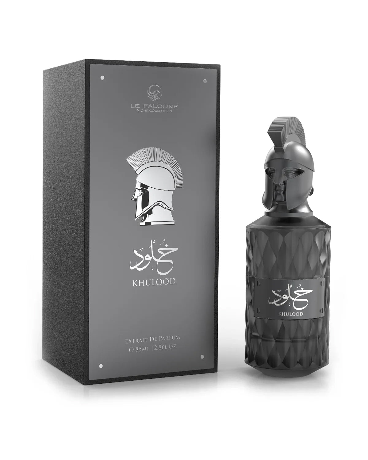 Le Falcone Niche Collection’s “Khulood” perfume against a white background: on the left, a closed matte-dark rectangular gift box with a glossy silver-tone front panel featuring the Le Falcone logo, a stylized warrior-helmet graphic, Arabic calligraphy and the word “Khulood,” plus “Extrait de Parfum 85?ml / 2.8?fl?oz” printed below. On the right, the box is opened to reveal the perfume bottle resting on a raised beige interior platform.