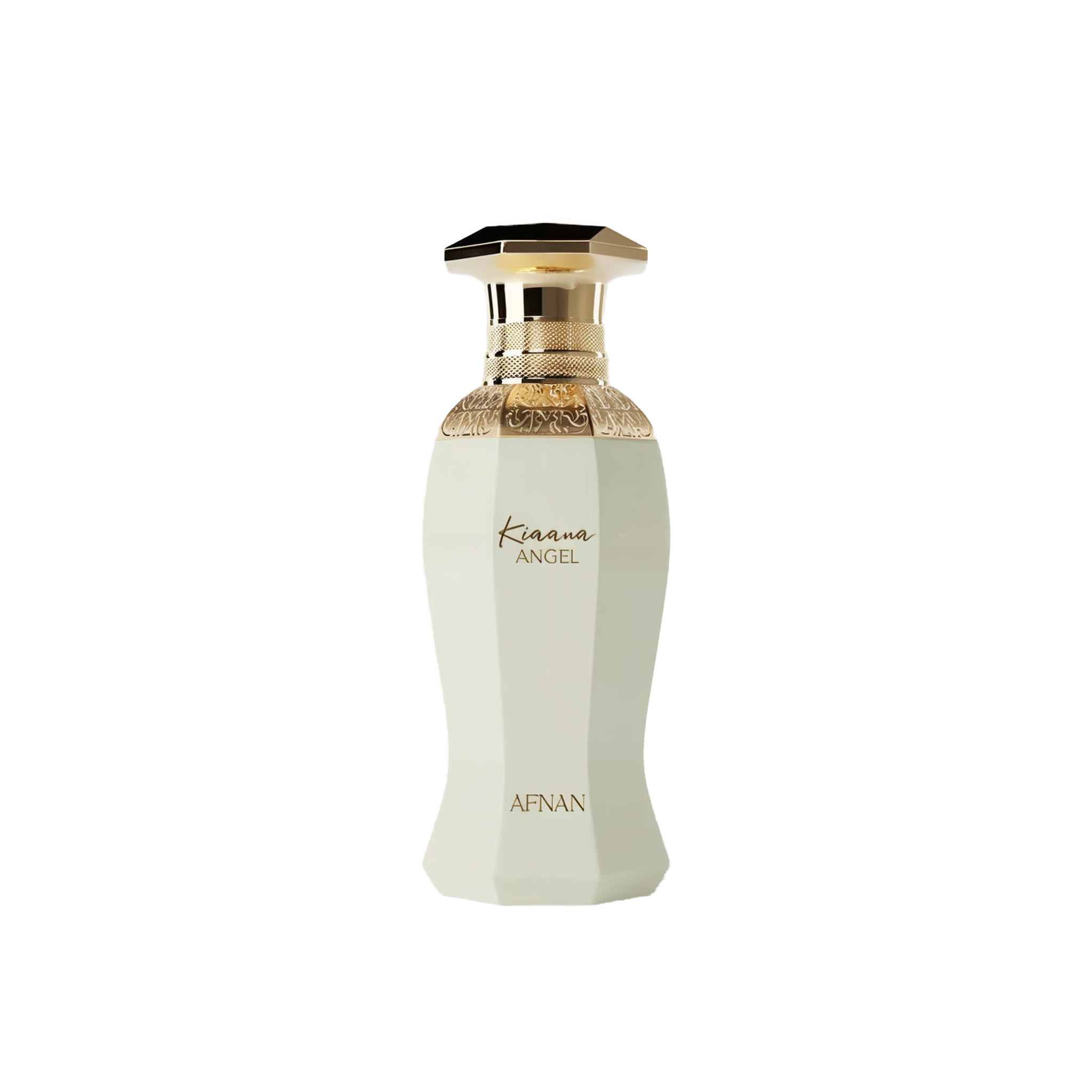 A tall, faceted perfume bottle in a soft pastel-green hue with a decorative gold collar and cap, featuring the words "Kiana Angel" and the brand name "Afnan."